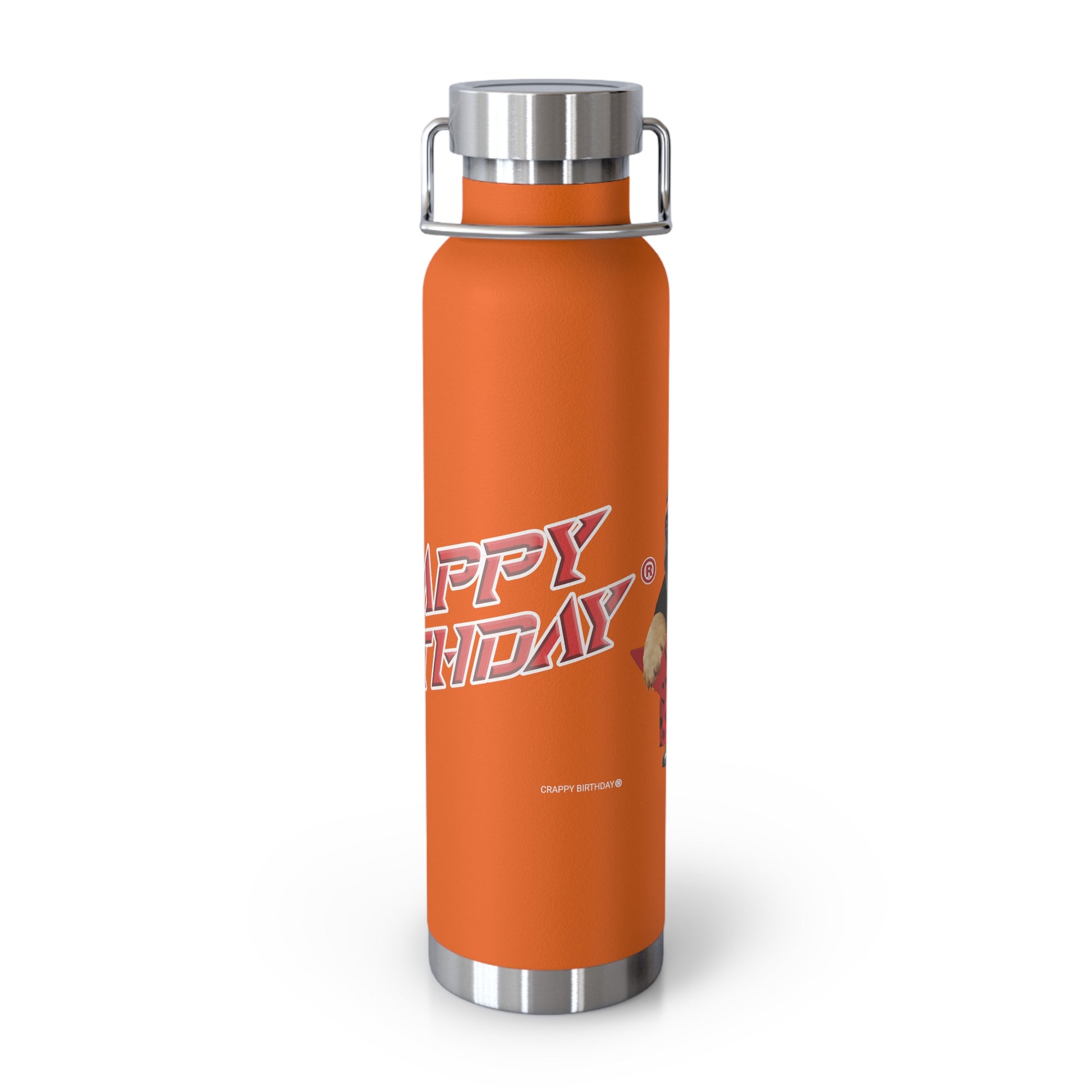 Orange water bottle with 'Crappy Birthday' text on a white background