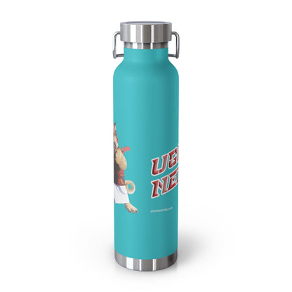Turquoise water bottle with a graphic design on a white background