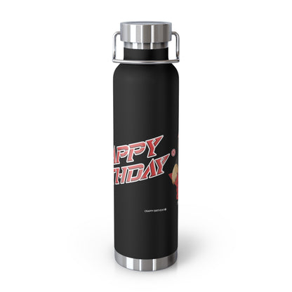 Black water bottle with 'Crappy Birthday' text on a white background