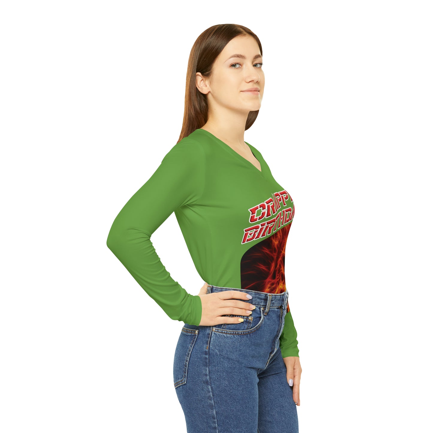 Crappy Birthday Chic Long Sleeve V-Neck Tee - Green