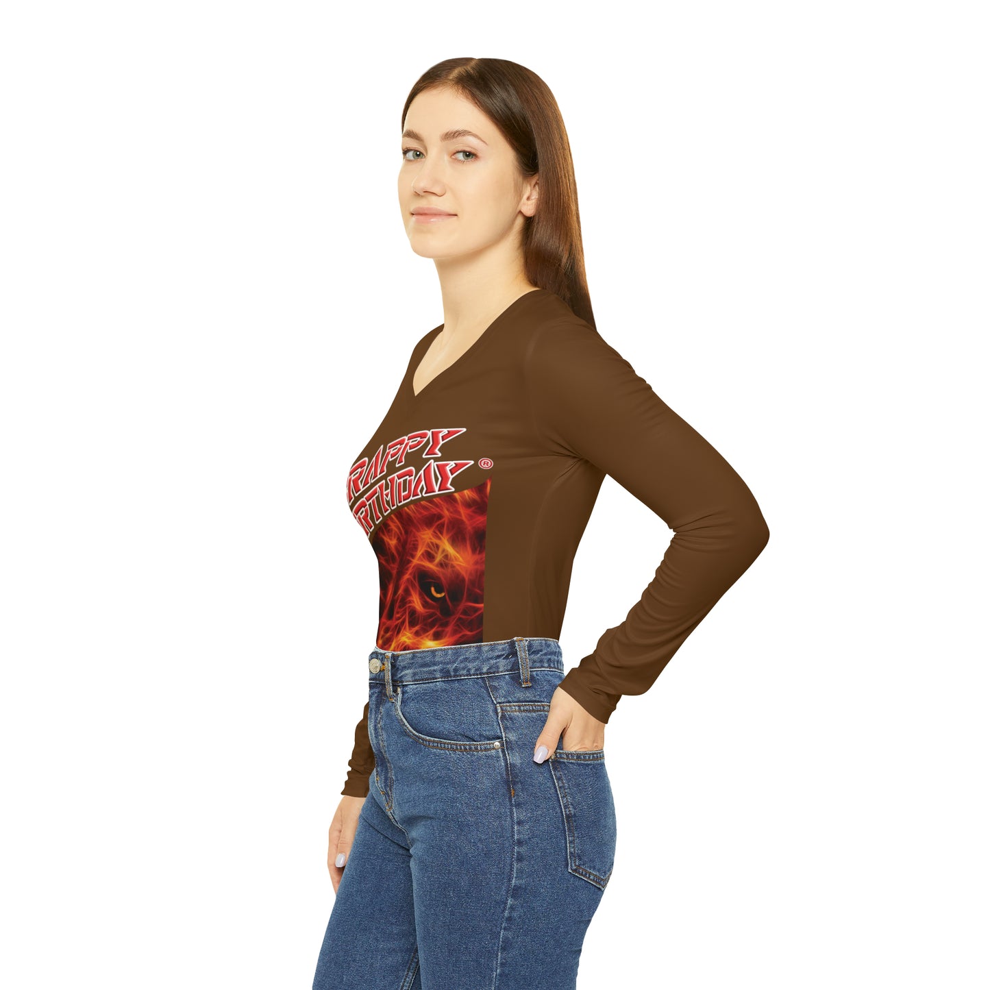 Crappy Birthday Chic Long Sleeve V-Neck Tee - Brown