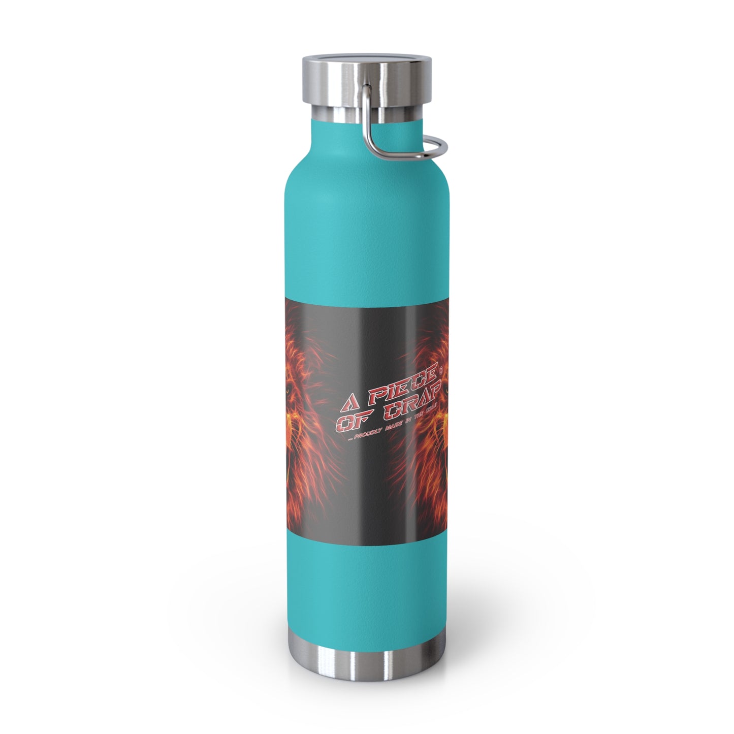 Turquoise water bottle with a colorful label on a white background