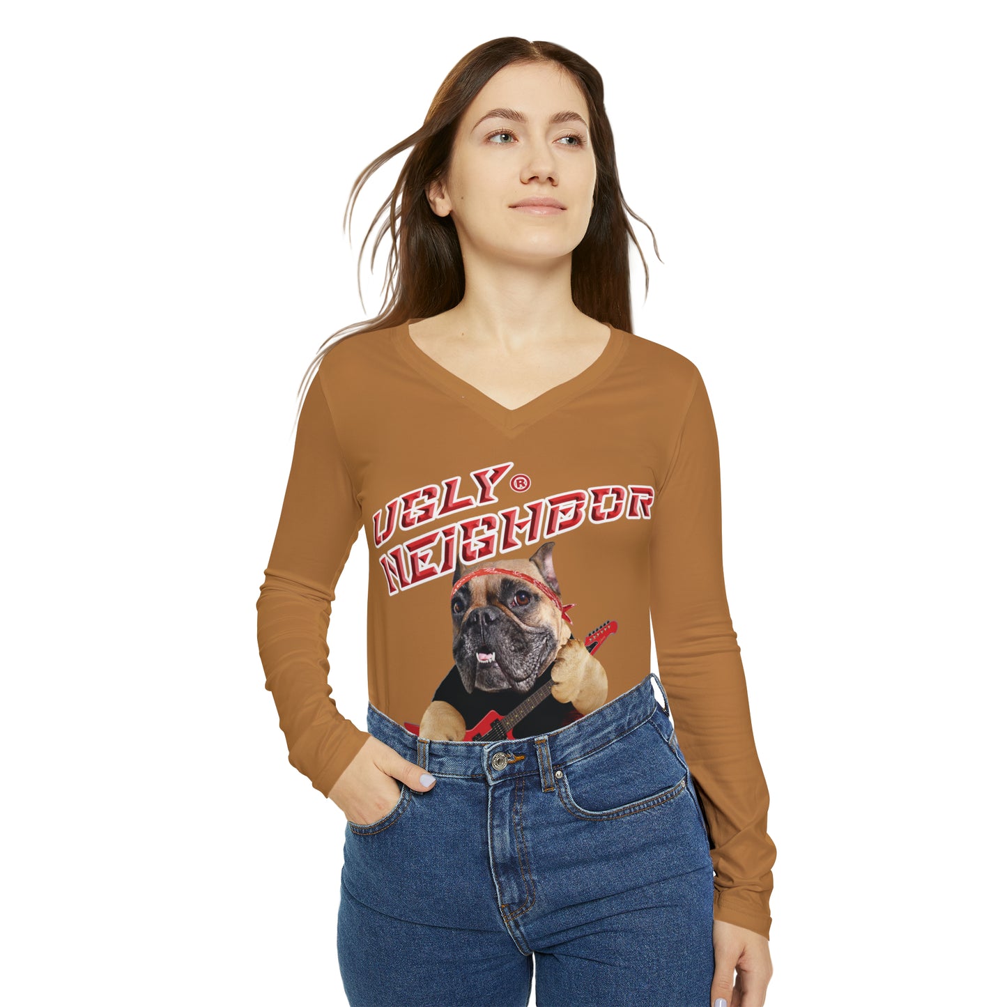 Ugly Neighbor Chic Long Sleeve V-Neck Tee - Light Brown