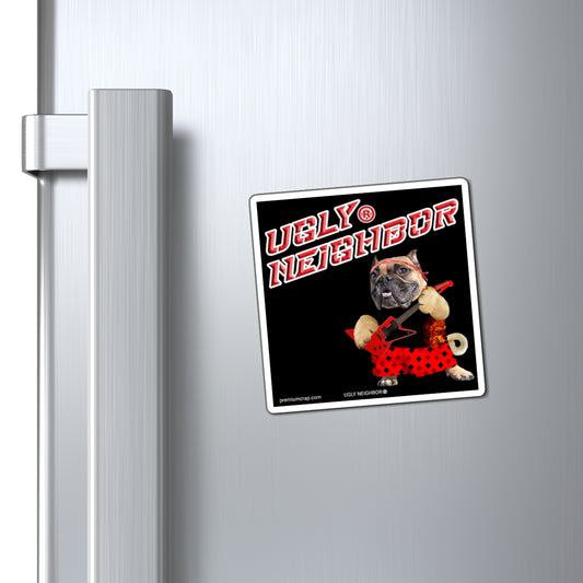 Fridge magnet with a pug design and 'Ugly Neighbor' text on a metallic refrigerator.