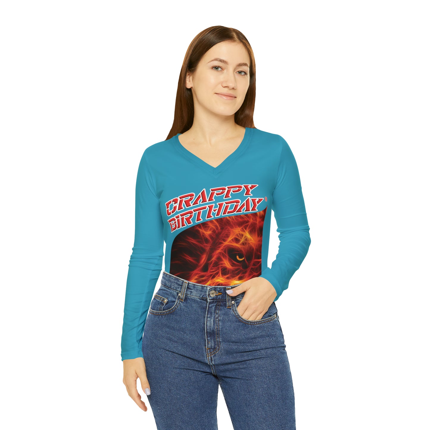 Crappy Birthday Chic Long Sleeve V-Neck Tee - Turquoise