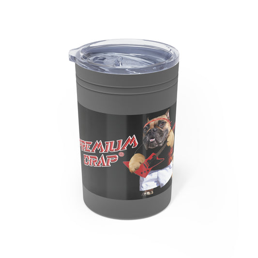 Gray tumbler with a dog graphic and text on a white background