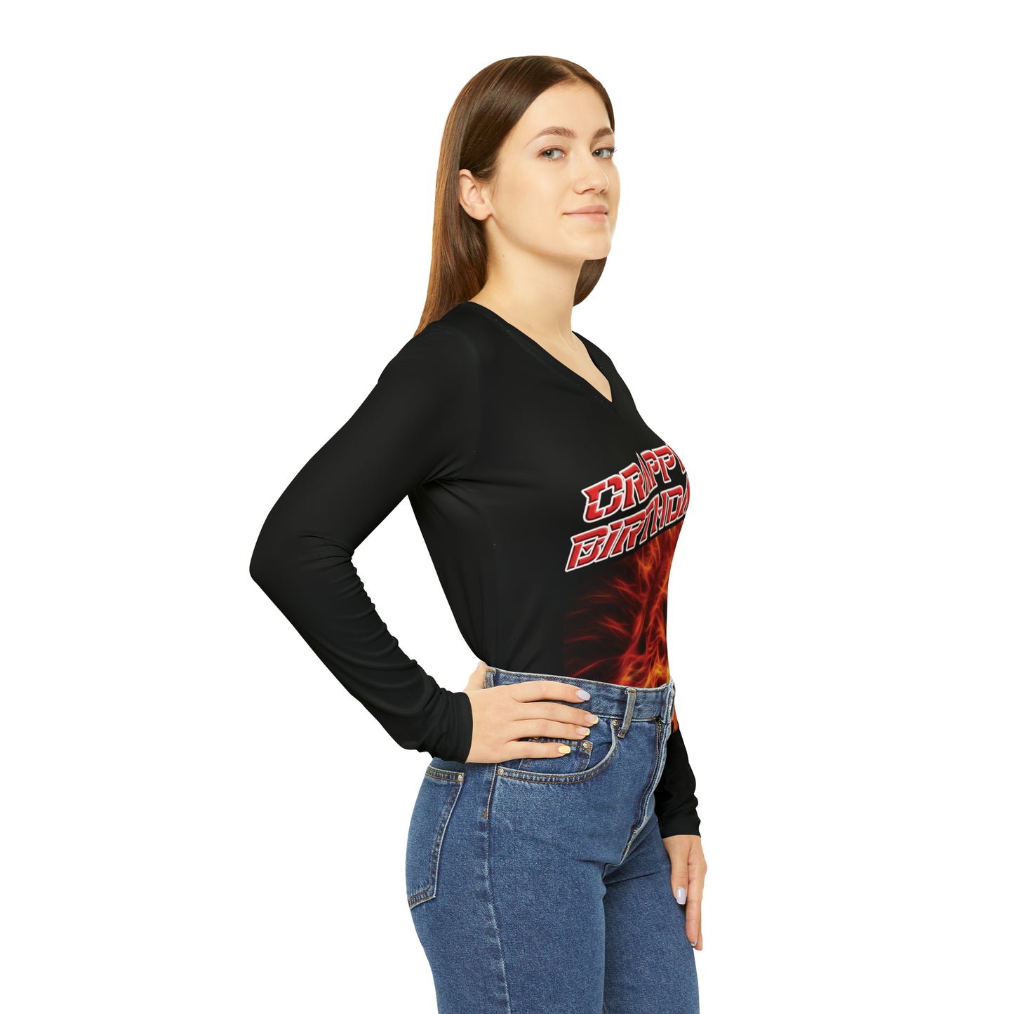 Crappy Birthday Chic Long Sleeve V-Neck Tee - Black