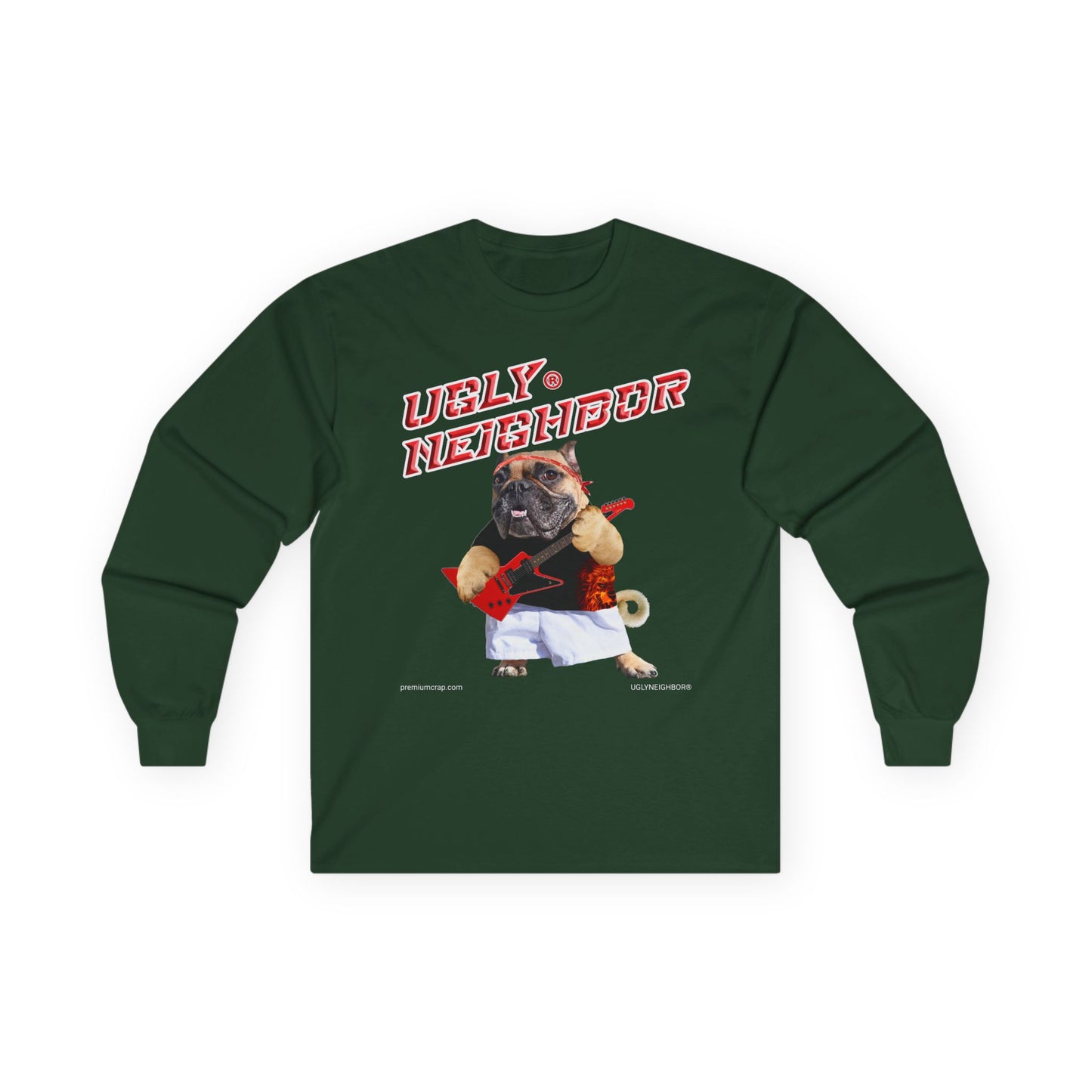 Green long-sleeve shirt with a graphic of a pug and text on a white background