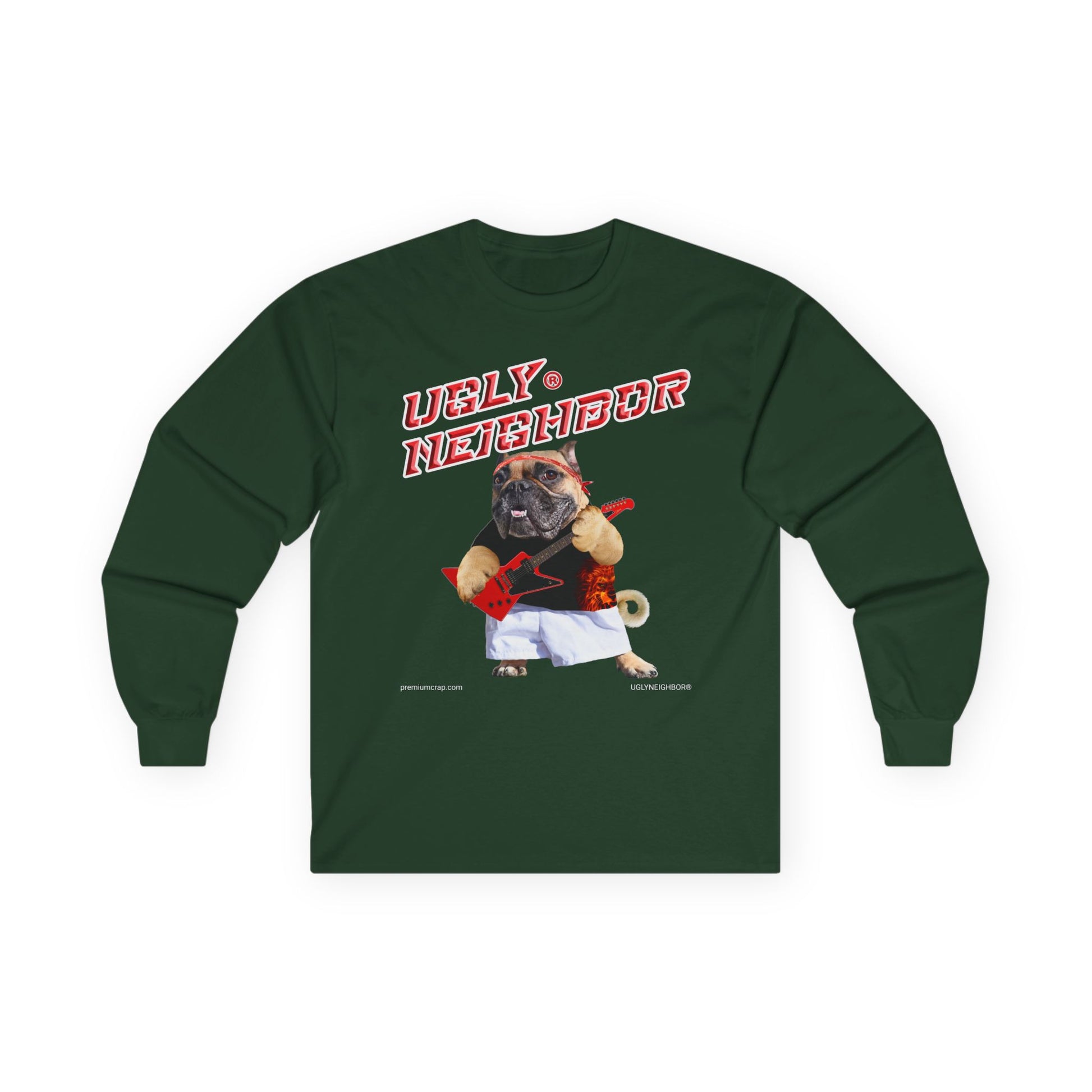 Green long-sleeve shirt with a graphic of a pug and text on a white background