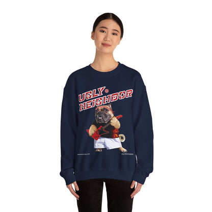 Person wearing a navy blue sweatshirt with a graphic of a pug and text on a white background