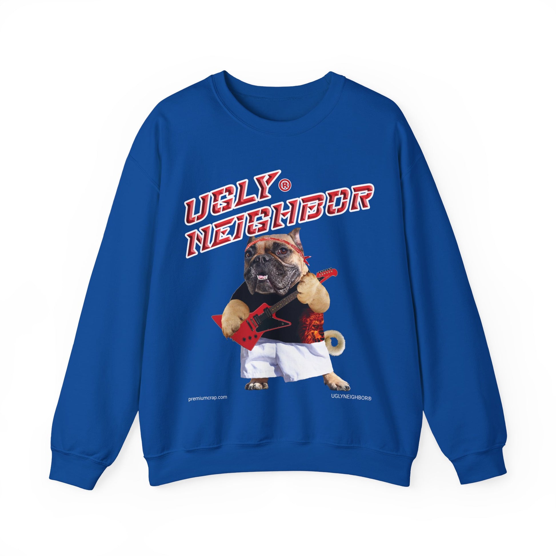 Blue sweatshirt with 'Ugly Neighbor' graphic featuring a dog playing guitar on a white background