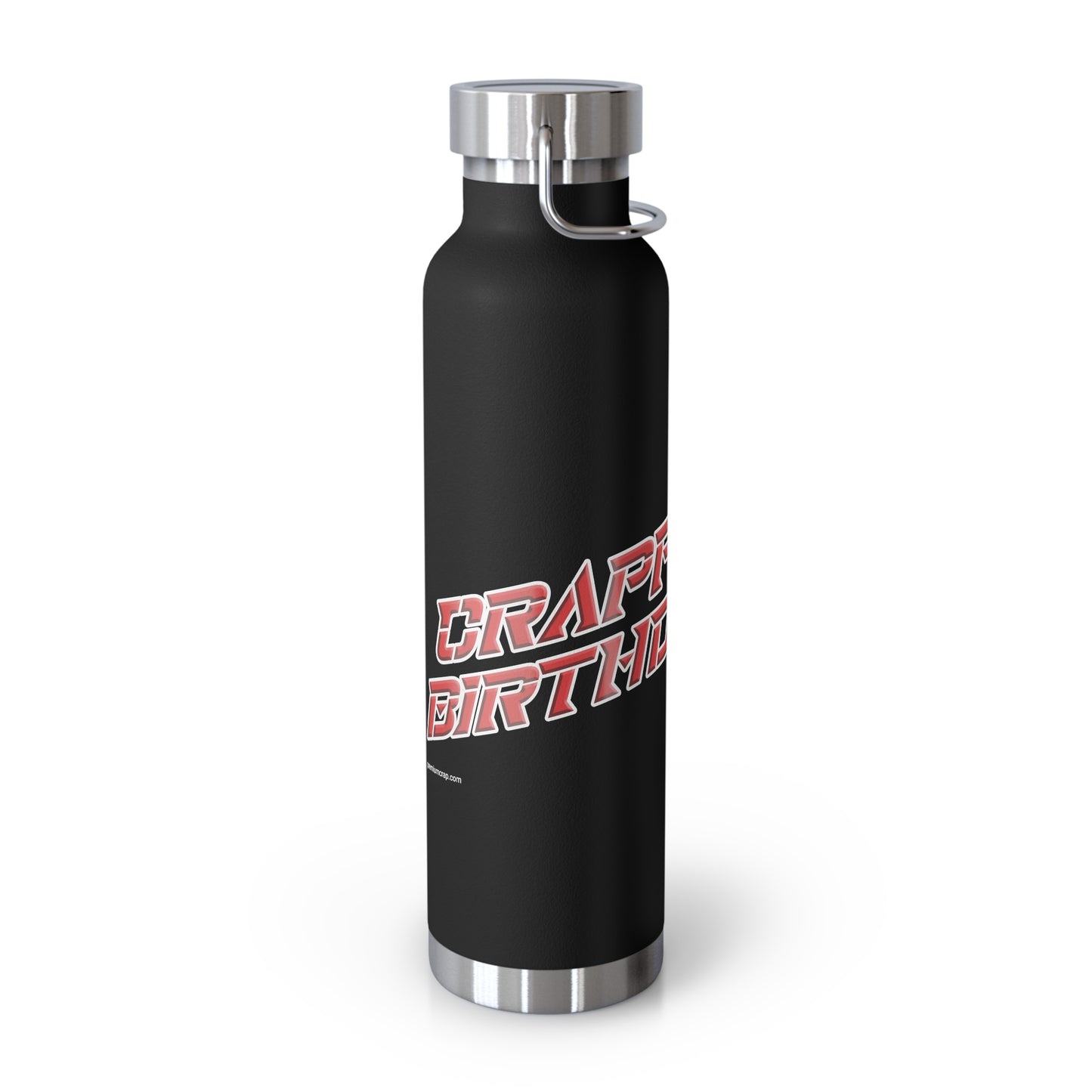 Black water bottle with red and white text on a white background