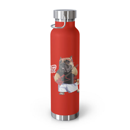 Red water bottle with a graphic of a bear wearing a shirt and shorts on a white background
