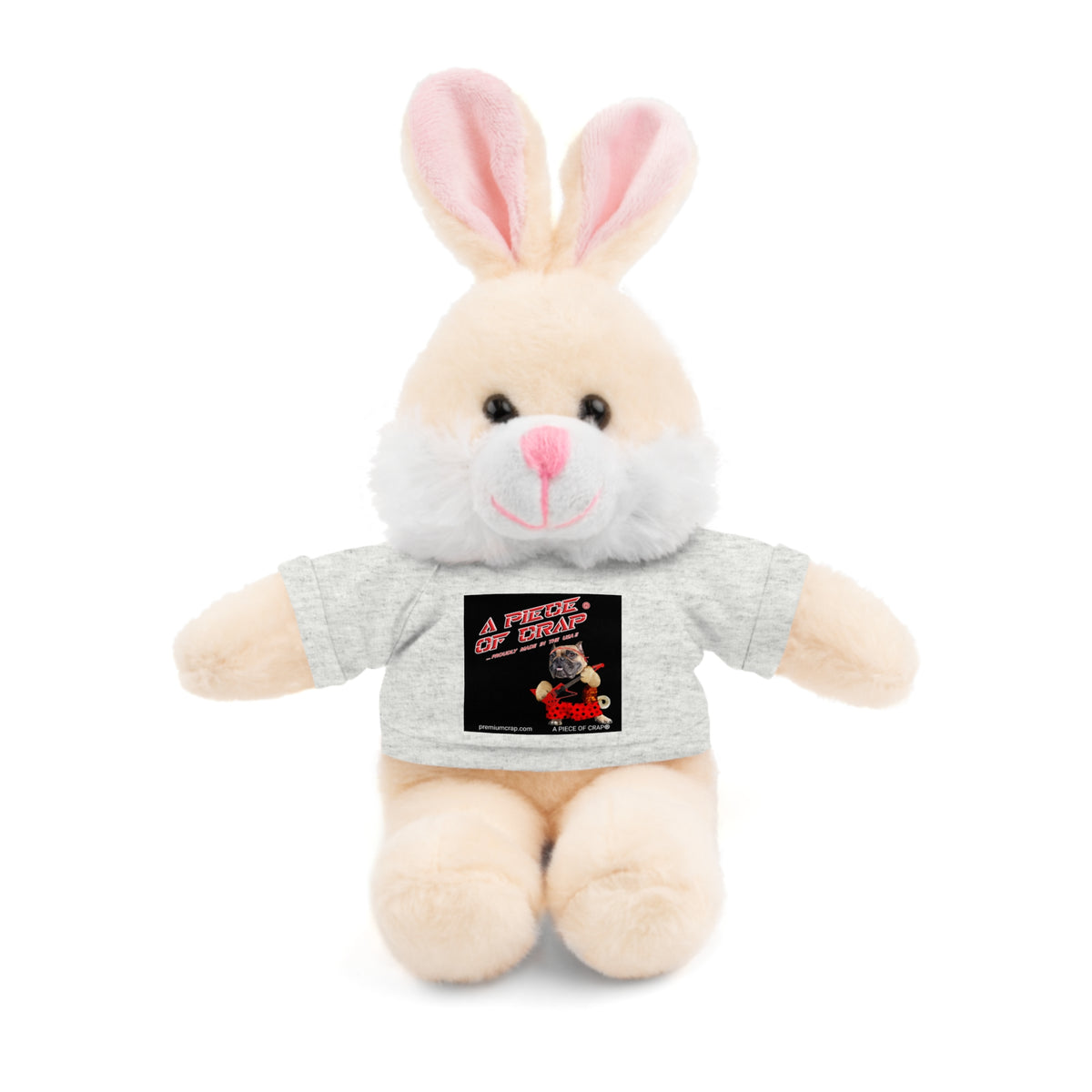 A plush stuffed bunny with cream-colored fur, pink inner ears, and a gray T-shirt featuring a 'A Piece of Crap' text, set against a plain white background.