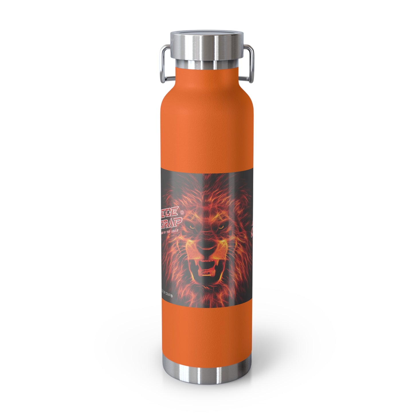 Orange water bottle with a lion graphic and 'A Piece Of Crap' text on a white background