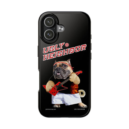 Phone case with a dog playing guitar and 'Ugly Neighbor' text on a black background
