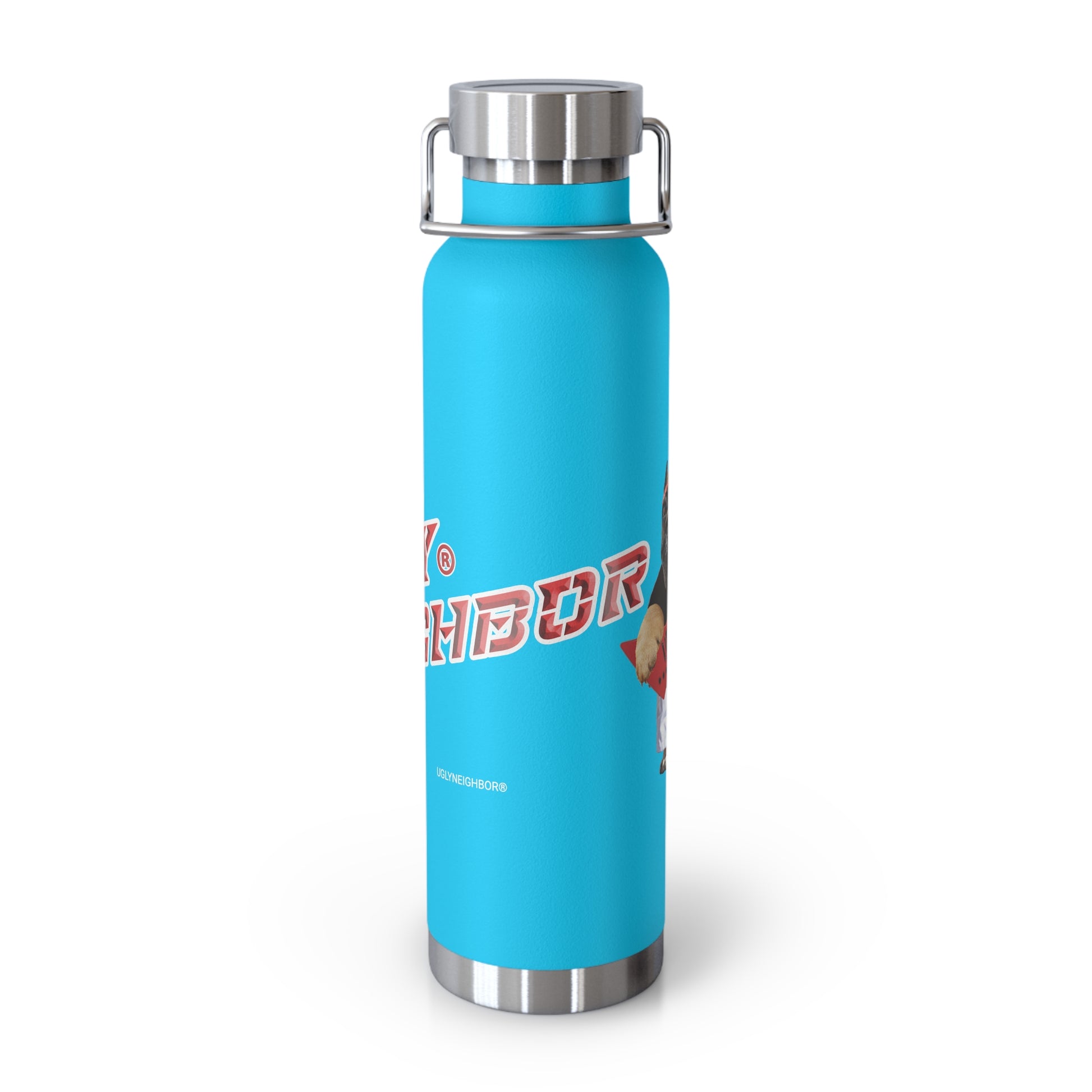Blue water bottle with silver cap on a white background