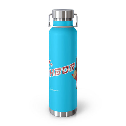 Blue water bottle with silver cap on a white background