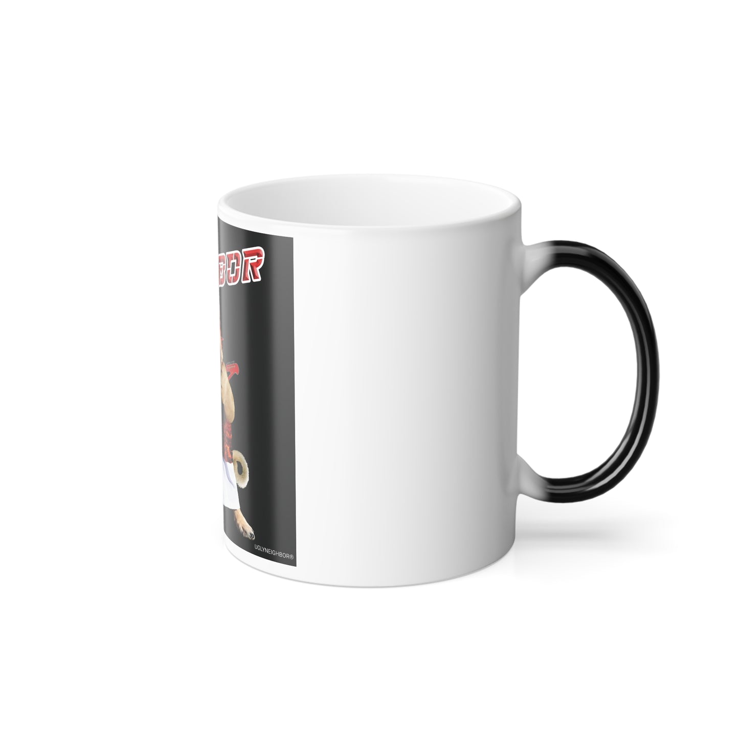 A white ceramic mug with a black handle, featuring a printed graphic on the side with a cartoon character and partial red text, shown on a clean white background.