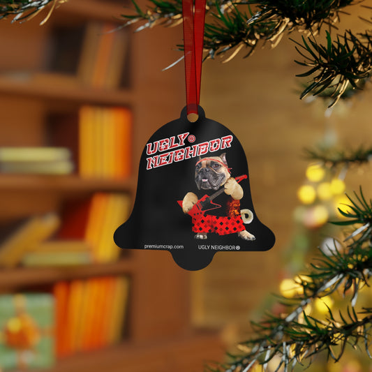 Decorative ornament with 'Ugly Neighbor' design hanging on a Christmas tree.
