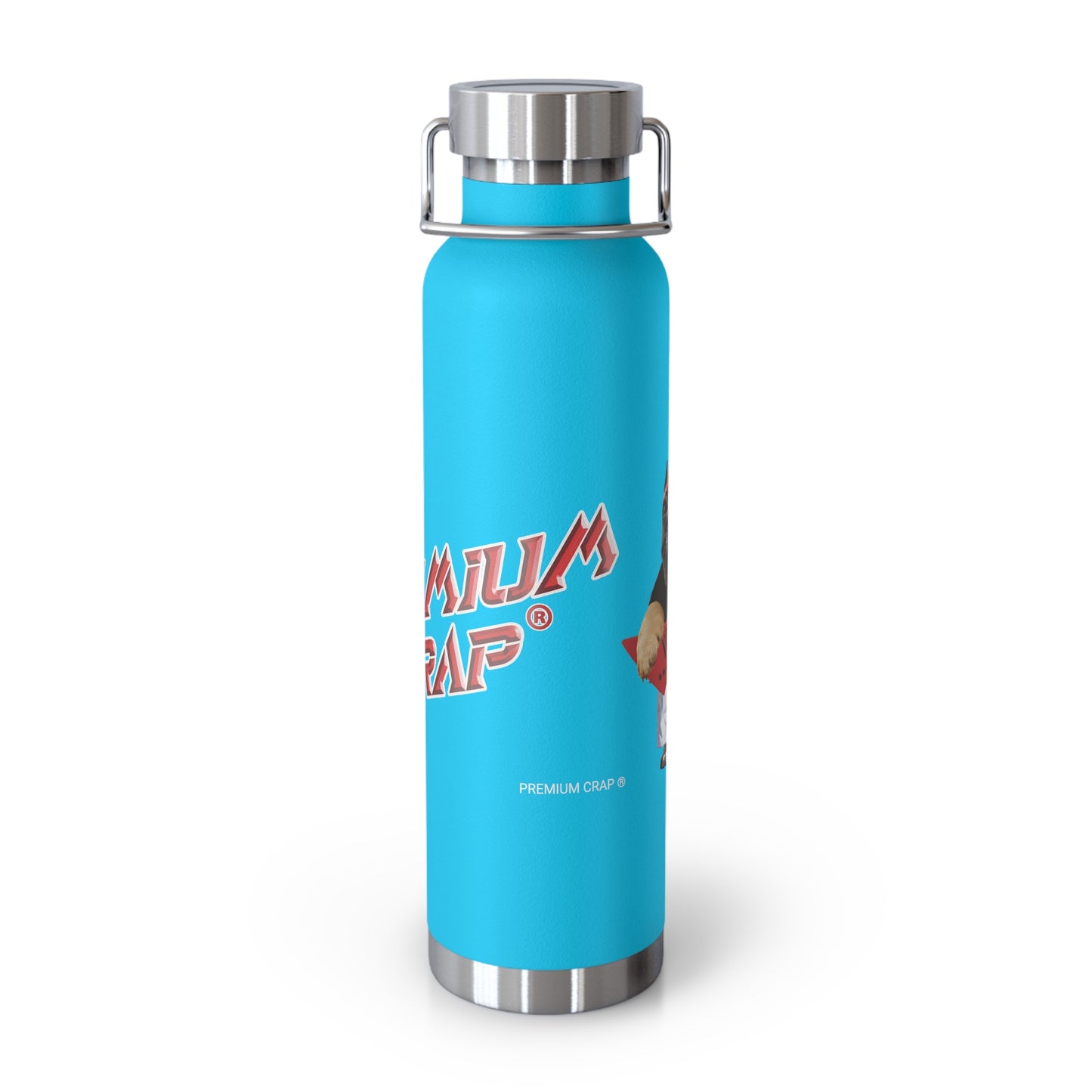 A bright blue insulated water bottle with a stainless steel lid and carrying handle, featuring the 'Premium Crap' logo printed on the front, set against a plain white background.