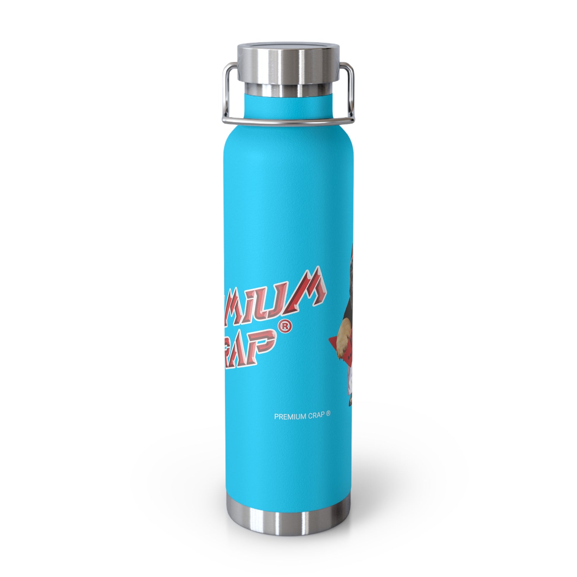 A bright blue insulated water bottle with a stainless steel lid and carrying handle, featuring the 'Premium Crap' logo printed on the front, set against a plain white background.