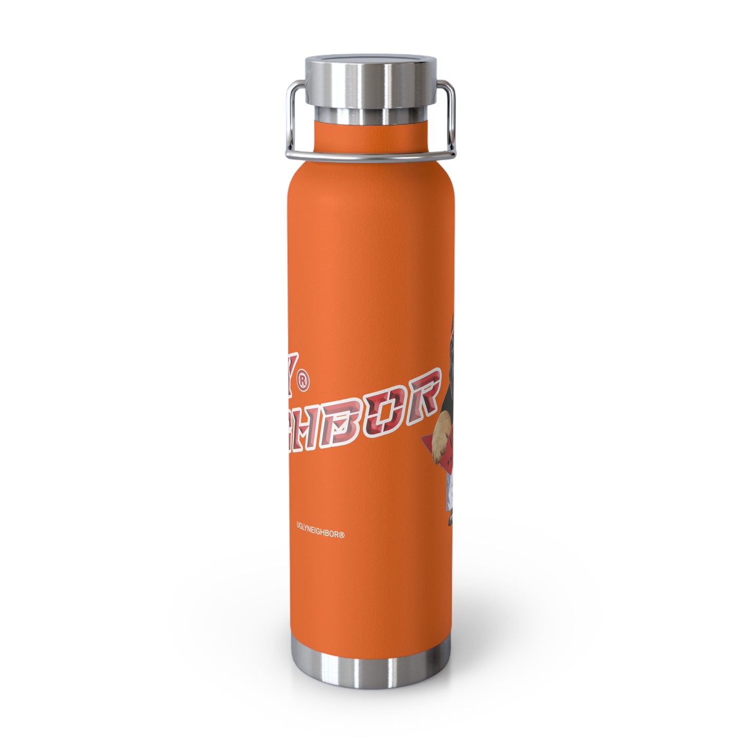 Orange water bottle with silver cap and base on a white background