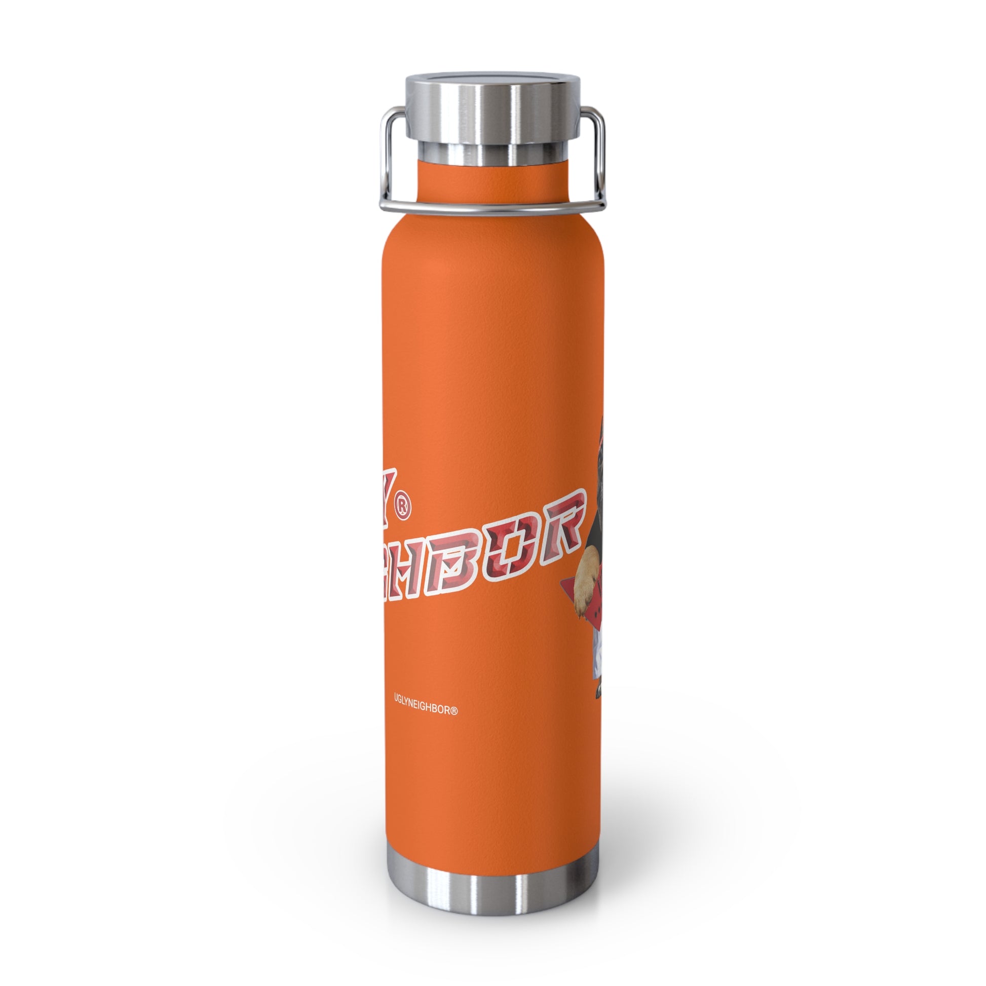 Orange water bottle with silver cap and base on a white background