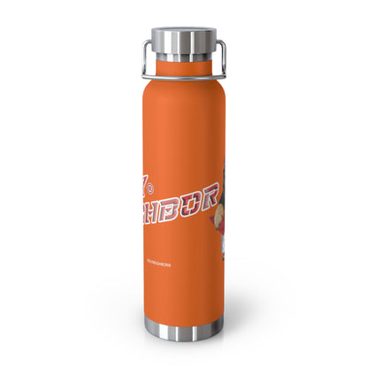 Orange water bottle with silver cap and base on a white background