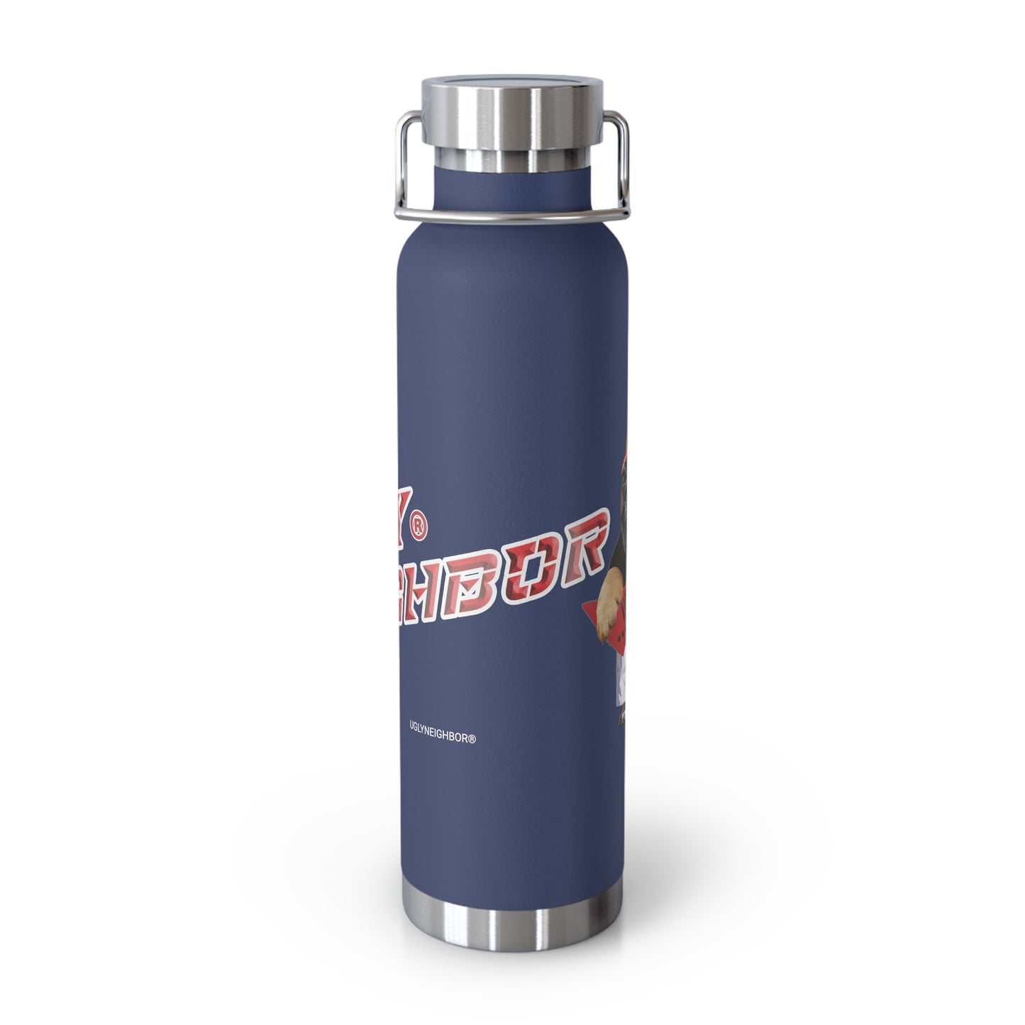 Navy blue water bottle with silver lid and red text on a white background