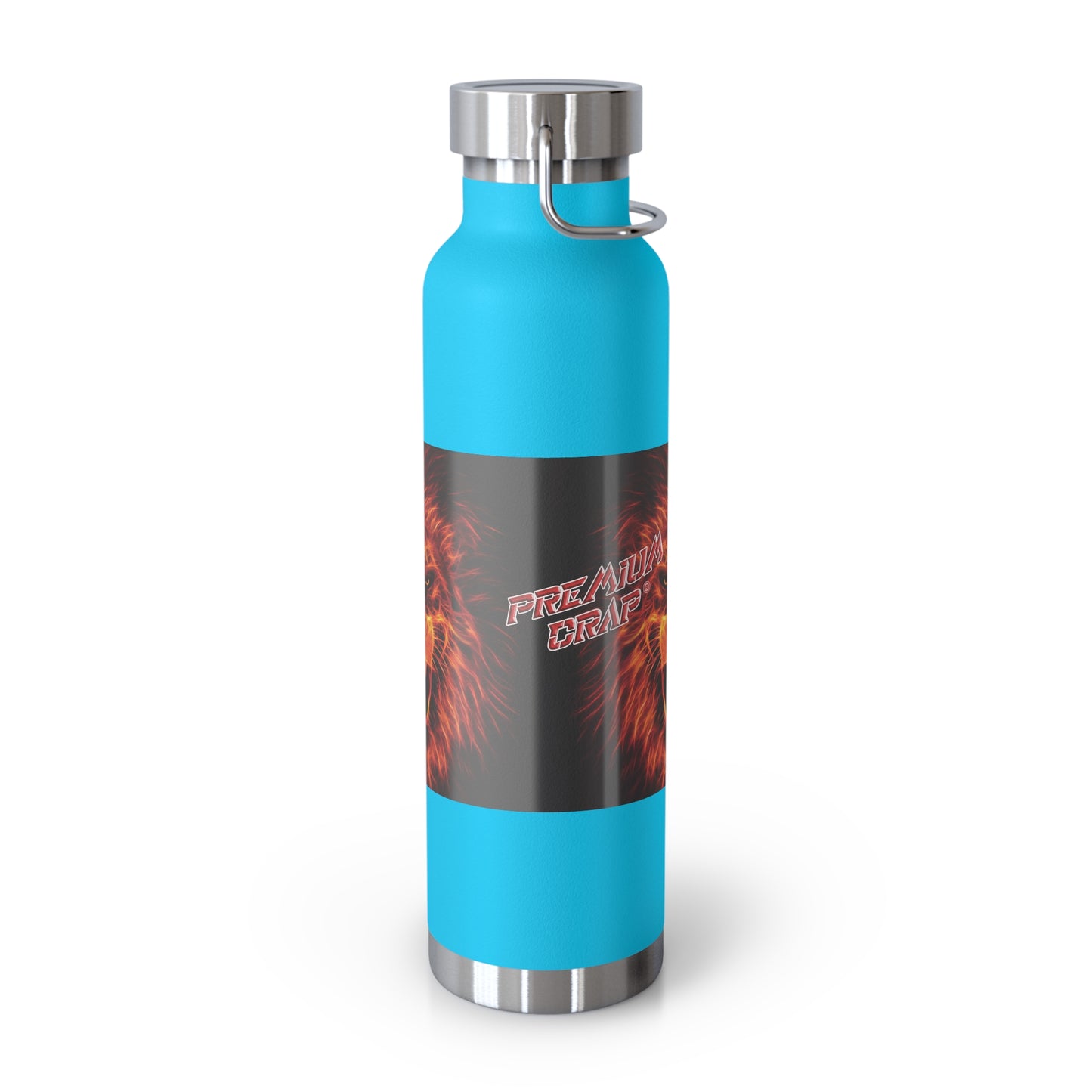 A reusable insulated water bottle with a bright turquoise blue body, a black wrap-around graphic label featuring red/orange flames and the words 'Premium Crap', and silver metal accents at the cap, base, and carrying loop, shown on a white background.