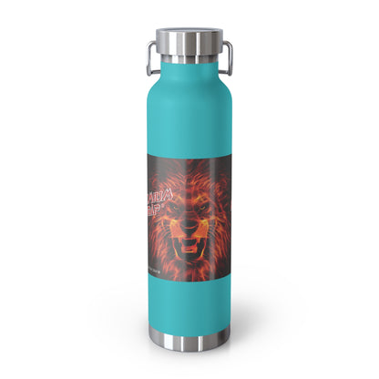 Turquoise water bottle with a lion graphic on a white background