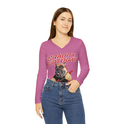 Woman wearing a pink long-sleeve shirt with a graphic design on a white background