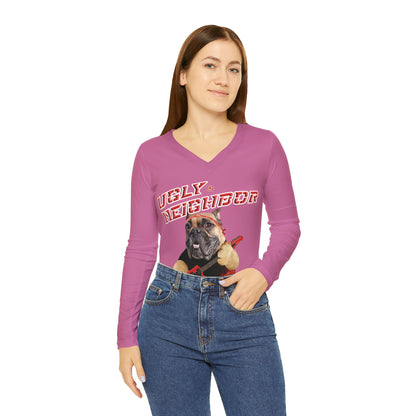 Woman wearing a pink long-sleeve shirt with a graphic design on a white background