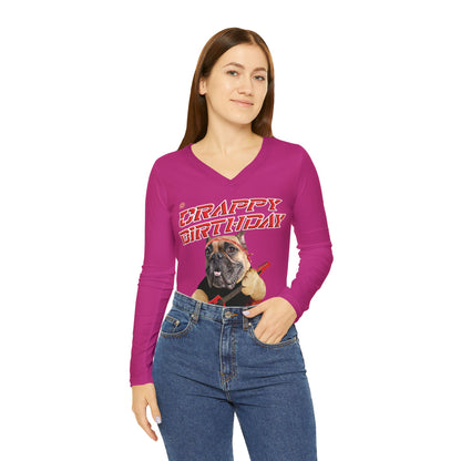 Woman wearing a pink long-sleeve shirt with a graphic design on a white background